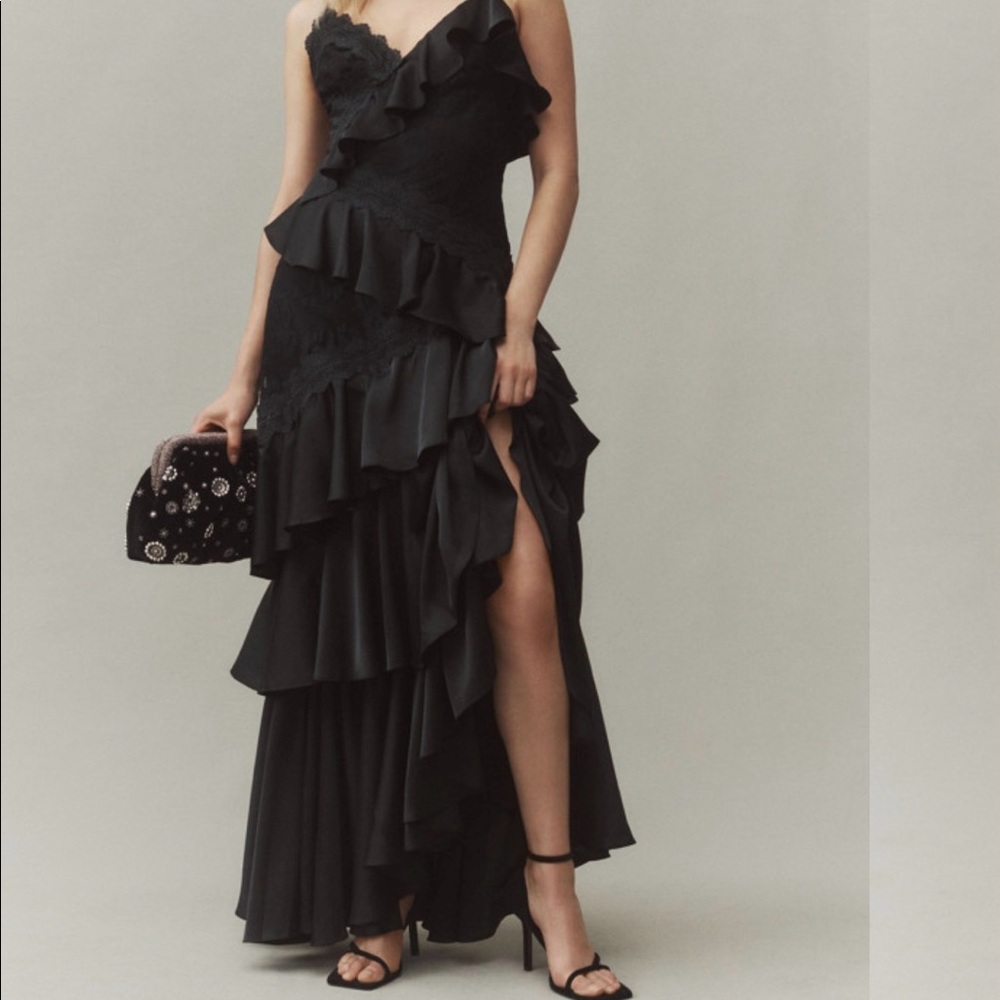 BHLDN Elora Ruffle Lace Midi Dress Black 10